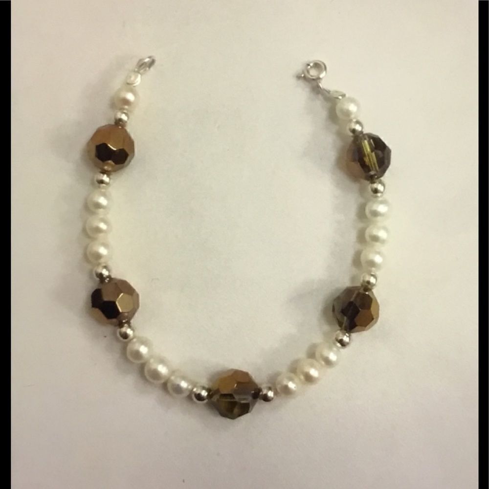 New Genuine Freshwater Pearl & Faceted Cocoa Crystal Bracelet